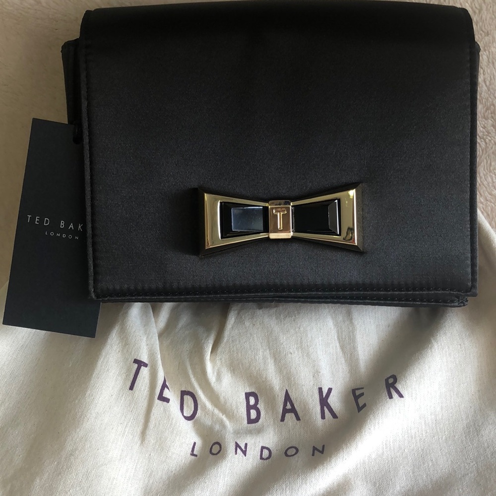 Ted Baker Black Satin Bow Evening Bag w/gold chain